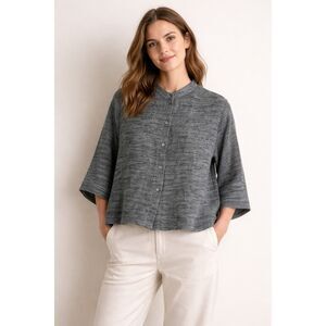 Eileen Fisher Gray Textured Button Front Boxy Top XXS